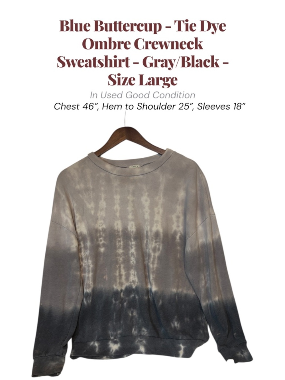 Blue Buttercup Tie Dye Ombre Crewneck Sweatshirt Gray Black Size Large
